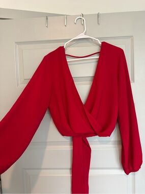 Women's Red Wrap Tie-Back Long Sleeve Blouse